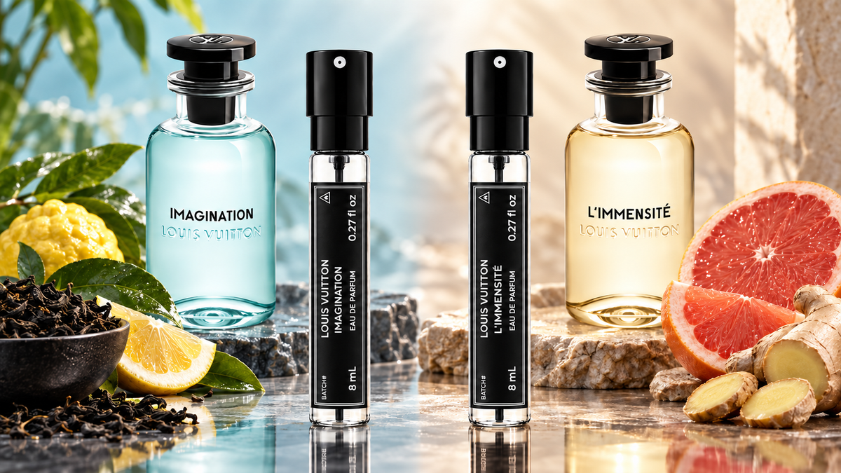 MNF Louis Vuitton Imagination and L'Immensité 8mL travel sprays with original fragrance bottles
