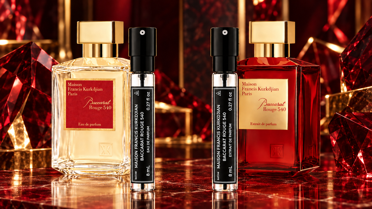 MNF Baccarat Rouge 540 Eau de Parfum and Extrait 8mL travel sprays with original bottles