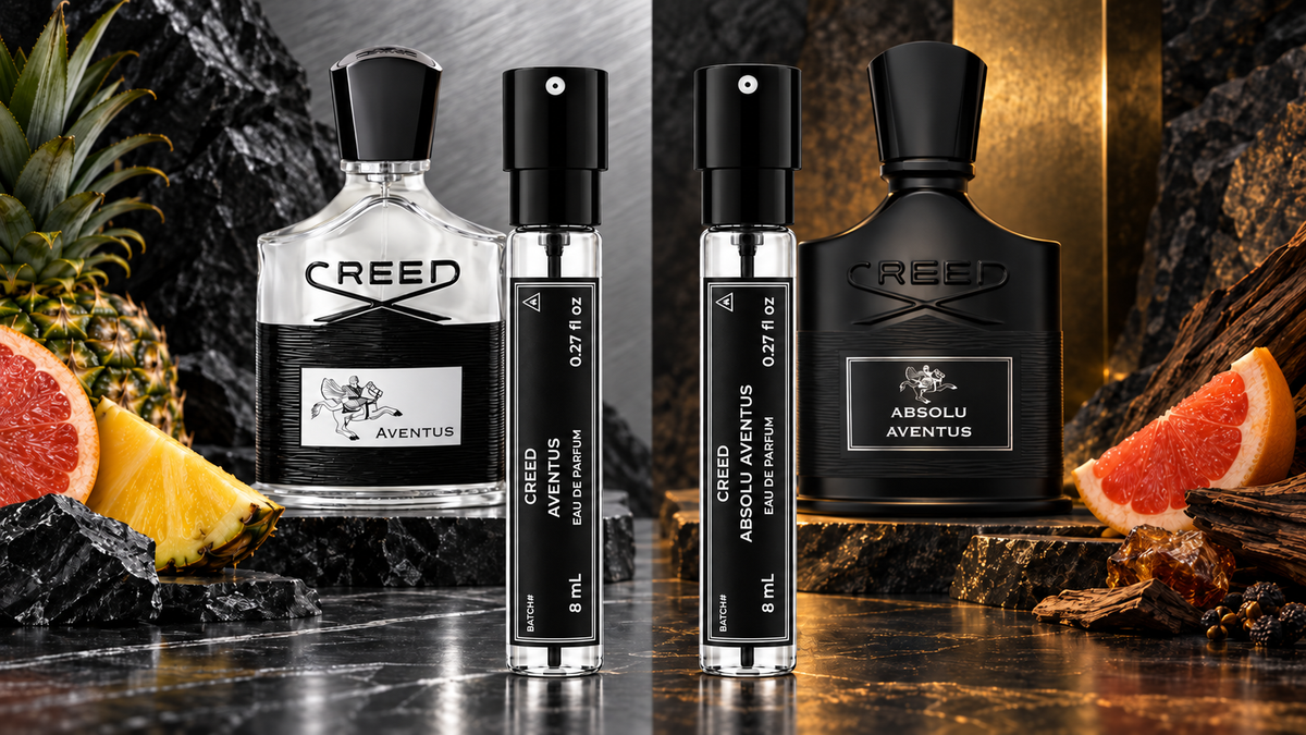 MNF Creed Aventus and Absolu Aventus 8mL travel sprays with original bottles