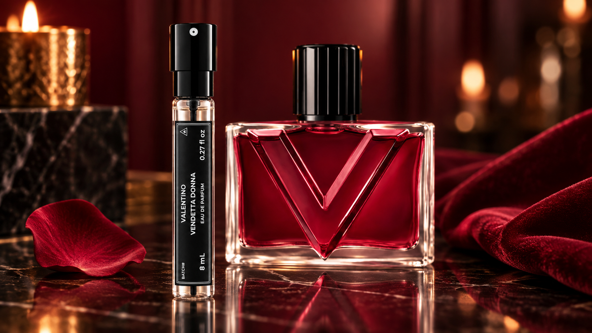 MNF Valentino Vendetta Donna 8mL travel spray with full bottle for the date-night fragrance guide
