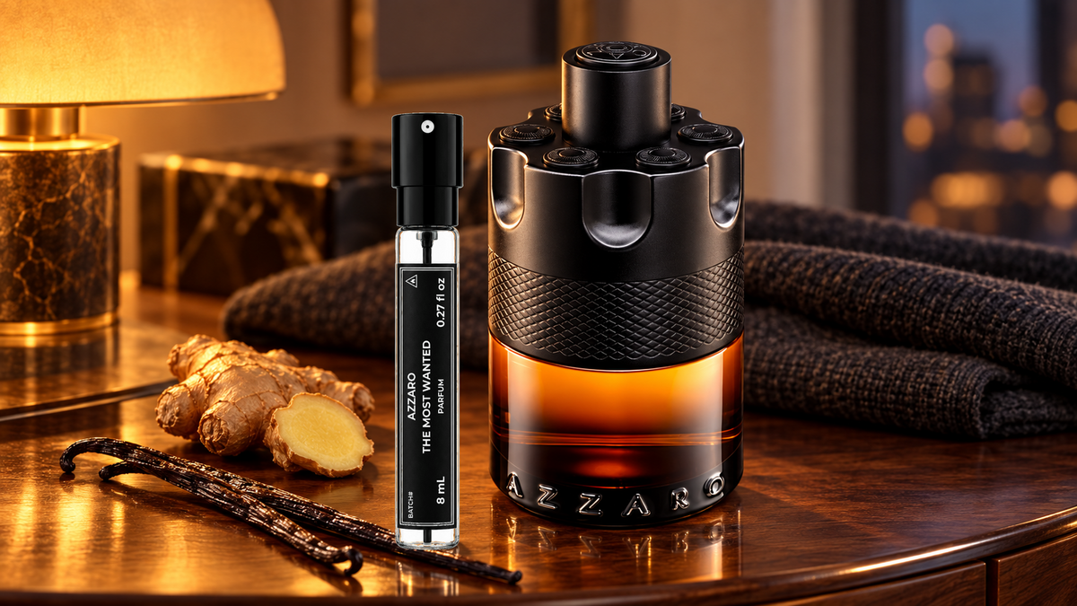 Azzaro The Most Wanted Parfum reference bottle beside its original MNF 8mL travel spray with ginger and vanilla on a warm walnut console.