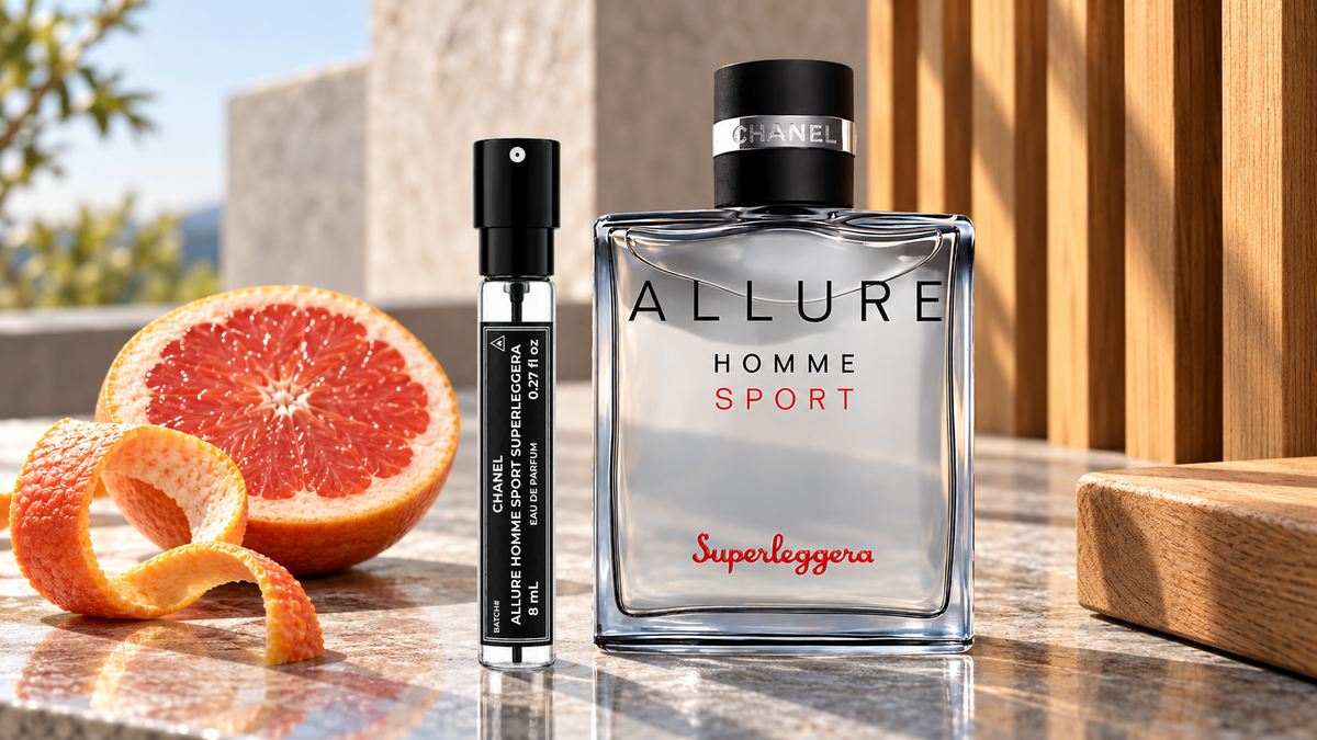 Chanel Allure Homme Sport Superleggera bottle and original MNF 8mL travel spray on reflective silver-grey stone with grapefruit and warm wood accents.