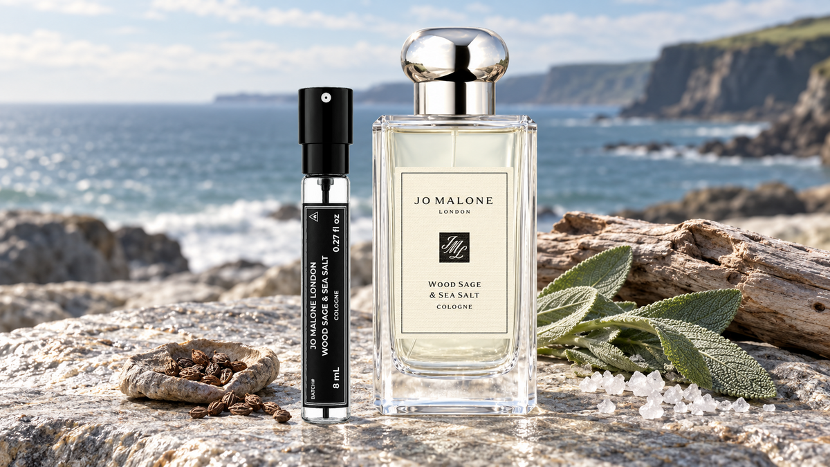 Jo Malone Wood Sage & Sea Salt bottle and original MNF 8mL travel spray on smooth coastal stone with sage, sea salt and weathered wood beside a quiet sea.