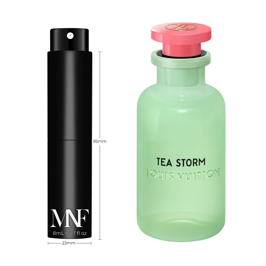 Black My Next Fragrance 8 mL travel spray shown beside the pale green Louis Vuitton Tea Storm Eau de Parfum retail bottle for size reference; the full bottle is not included.
