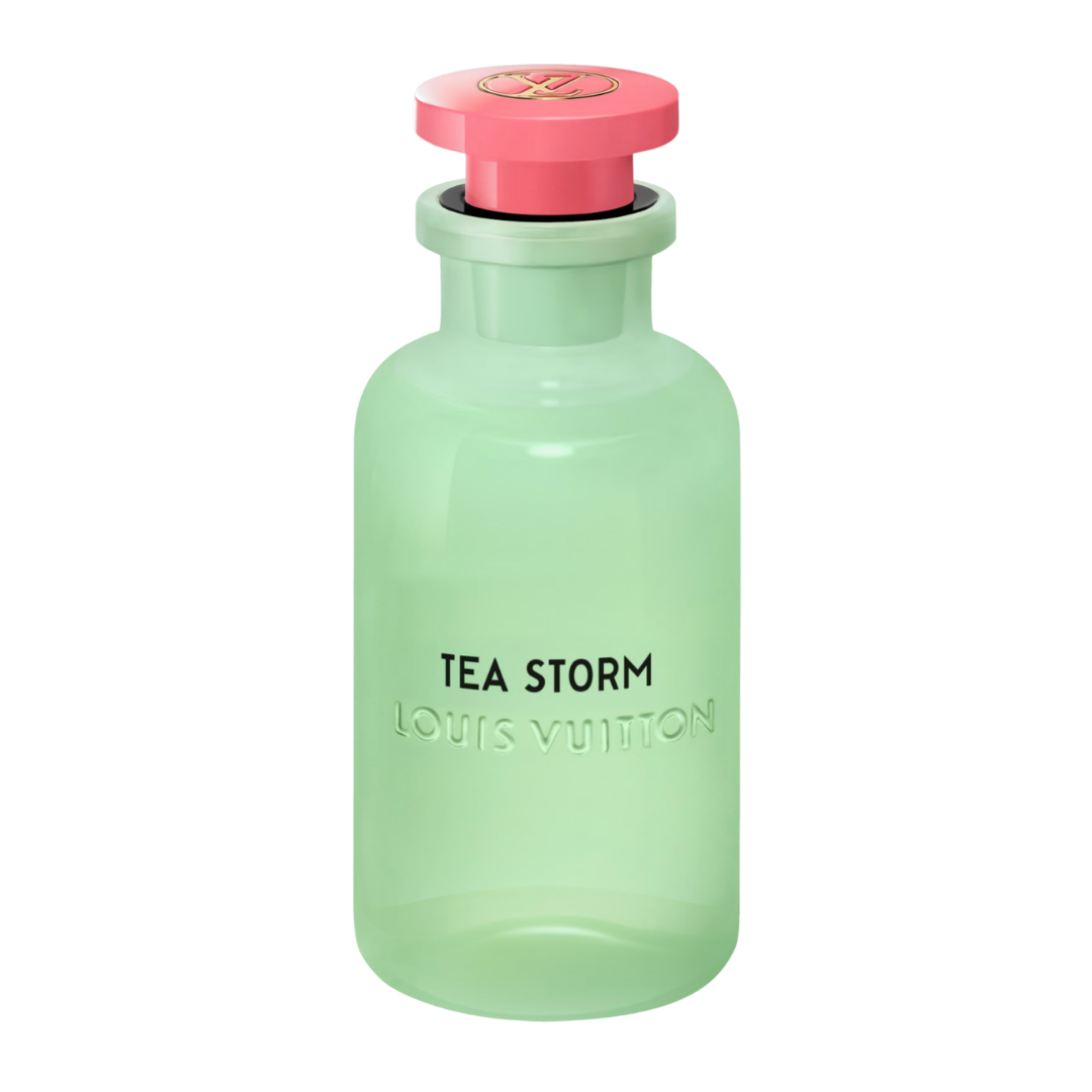 Pale green Louis Vuitton Tea Storm Eau de Parfum retail bottle with pink cap, shown as a fragrance reference; this listing is for an 8 mL My Next Fragrance travel spray.