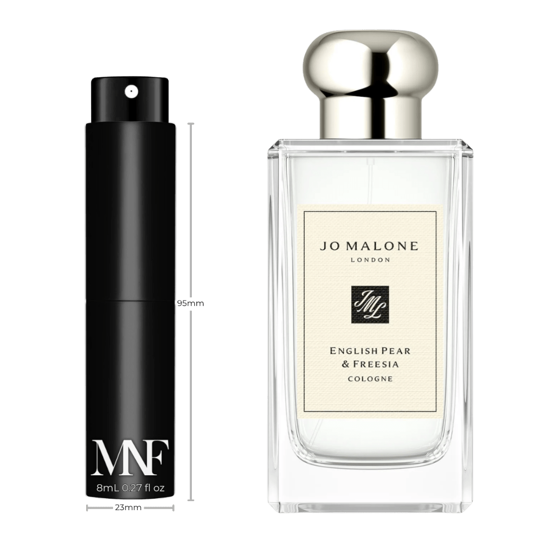 JO MALONE LONDON English Pear & Freesia Cologne full-size reference bottle beside the MNF 8mL travel spray and black travel case.