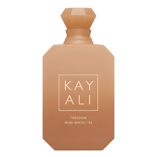 KAYALI Freedom Musk Santal 34 Eau de Parfum full-size reference bottle; the listing is for an 8mL decanted travel spray.