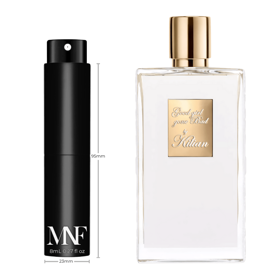 Kilian Paris Good Girl Gone Bad Eau de Parfum full-size reference bottle beside the MNF 8mL travel spray and black travel case.