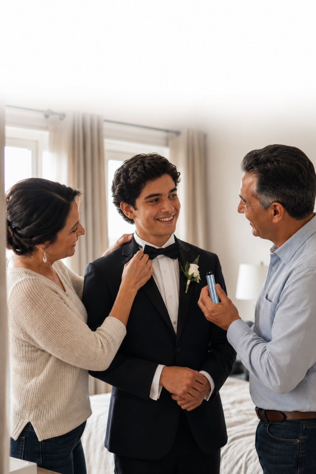 Family helping a young man prepare for prom with an MNF Travel Spray in hand
