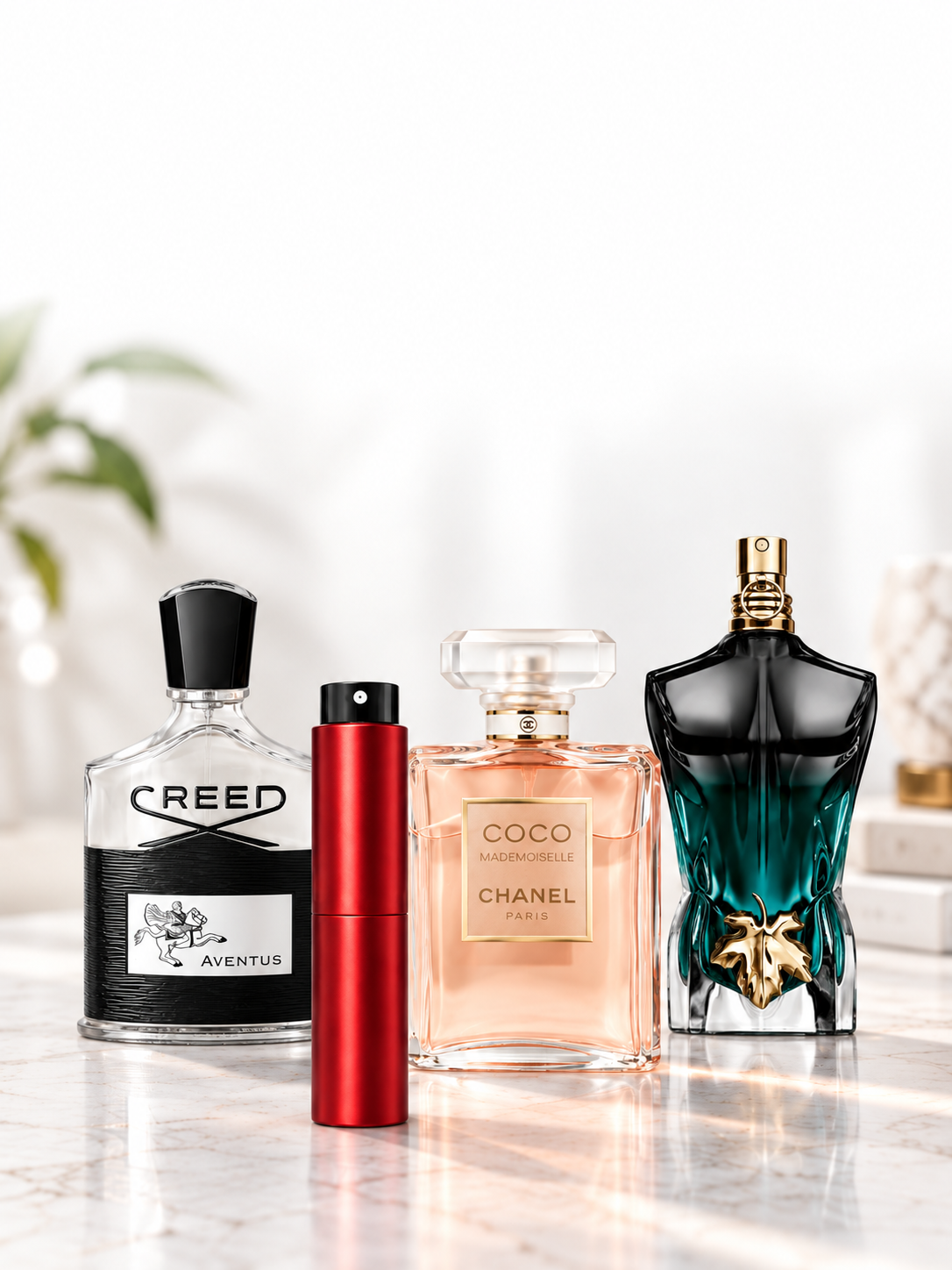 Designer fragrance bottles beside a red MNF Travel Spray