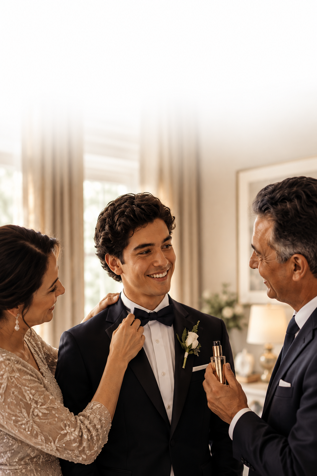 Family helping a young man prepare for prom with an MNF Travel Spray in hand