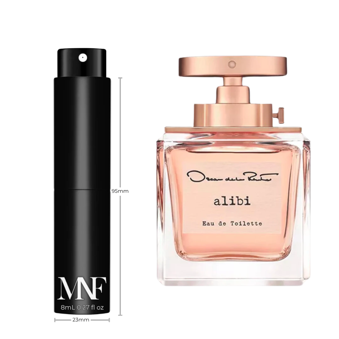 My Next Fragrance 8mL travel spray atomizer next to an Oscar De La Renta Alibi Eau de Toilette perfume bottle.
