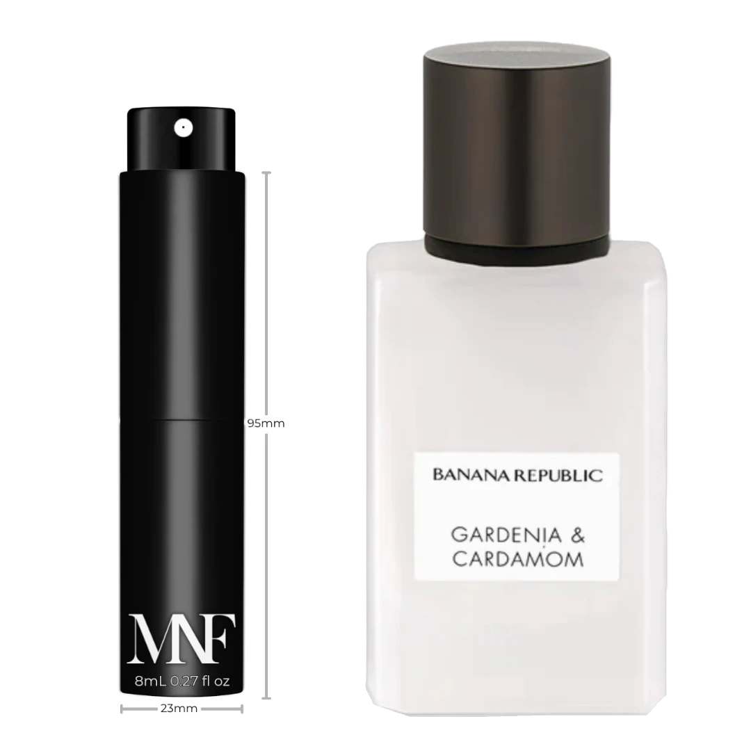 My Next Fragrance 8mL travel spray of Banana Republic Gardenia & Cardamom eau de parfum next to the full-size bottle.