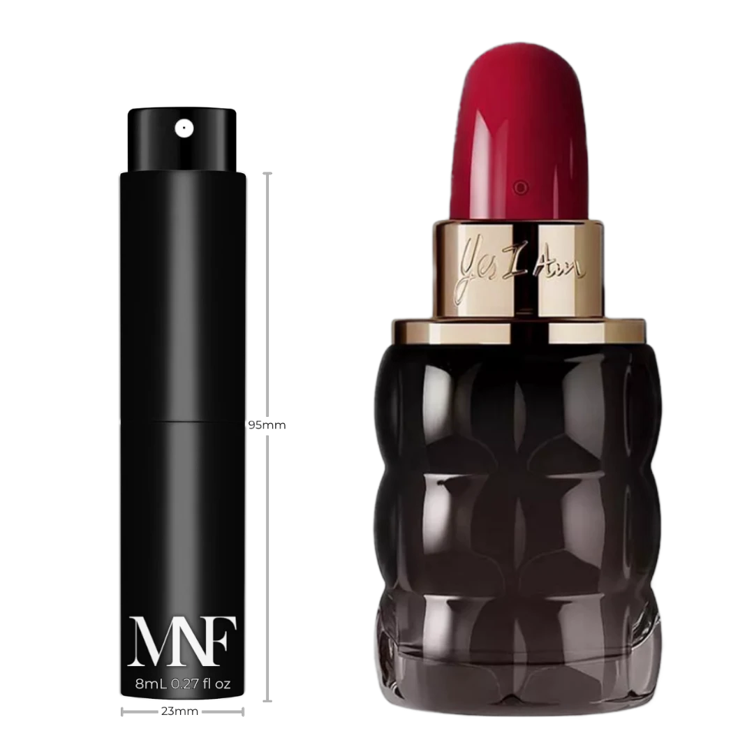 My Next Fragrance 8mL travel spray atomizer next to a Cacharel Yes I Am lipstick-shaped perfume bottle.