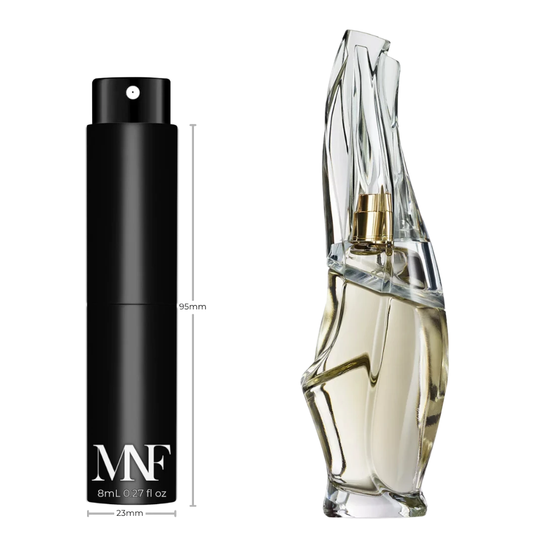 My Next Fragrance 8mL travel spray of Donna Karan Cashmere Mist eau de parfum next to the original perfume bottle
