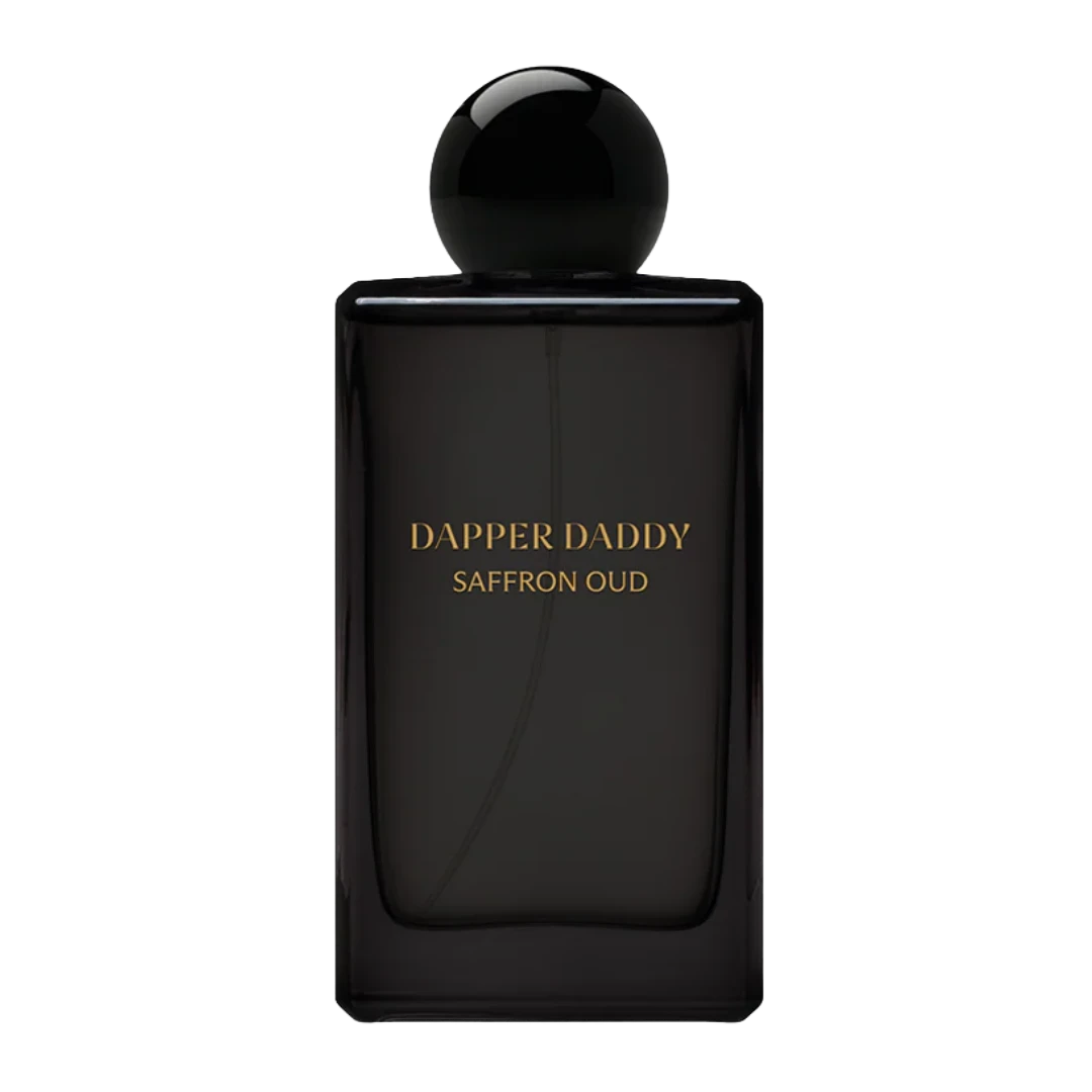 My Next Fragrance Dapper Daddy Saffron Oud eau de parfum in a sleek black glass bottle with gold lettering.