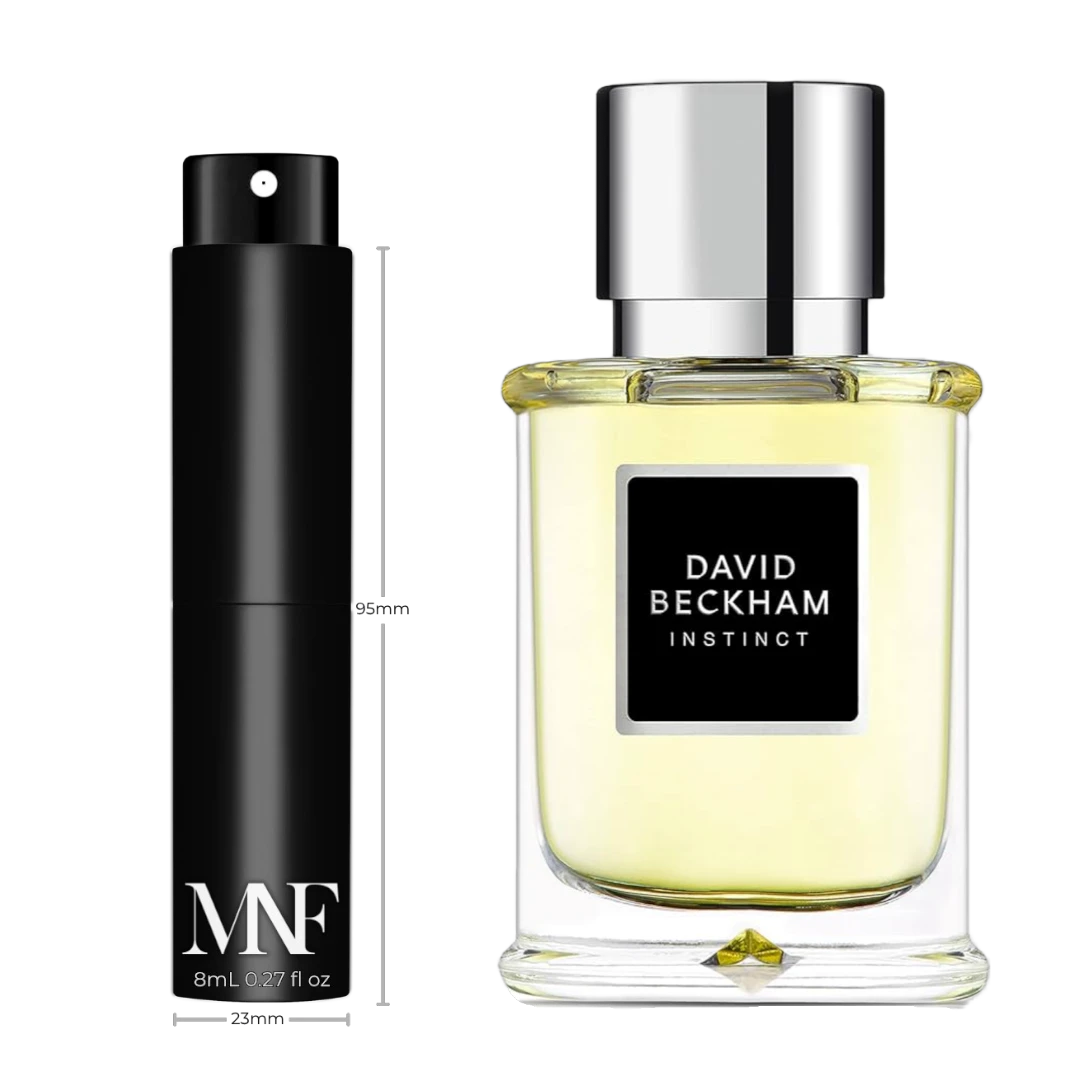 My Next Fragrance 8mL travel spray of David Beckham Instinct Eau de Toilette next to the original perfume bottle.
