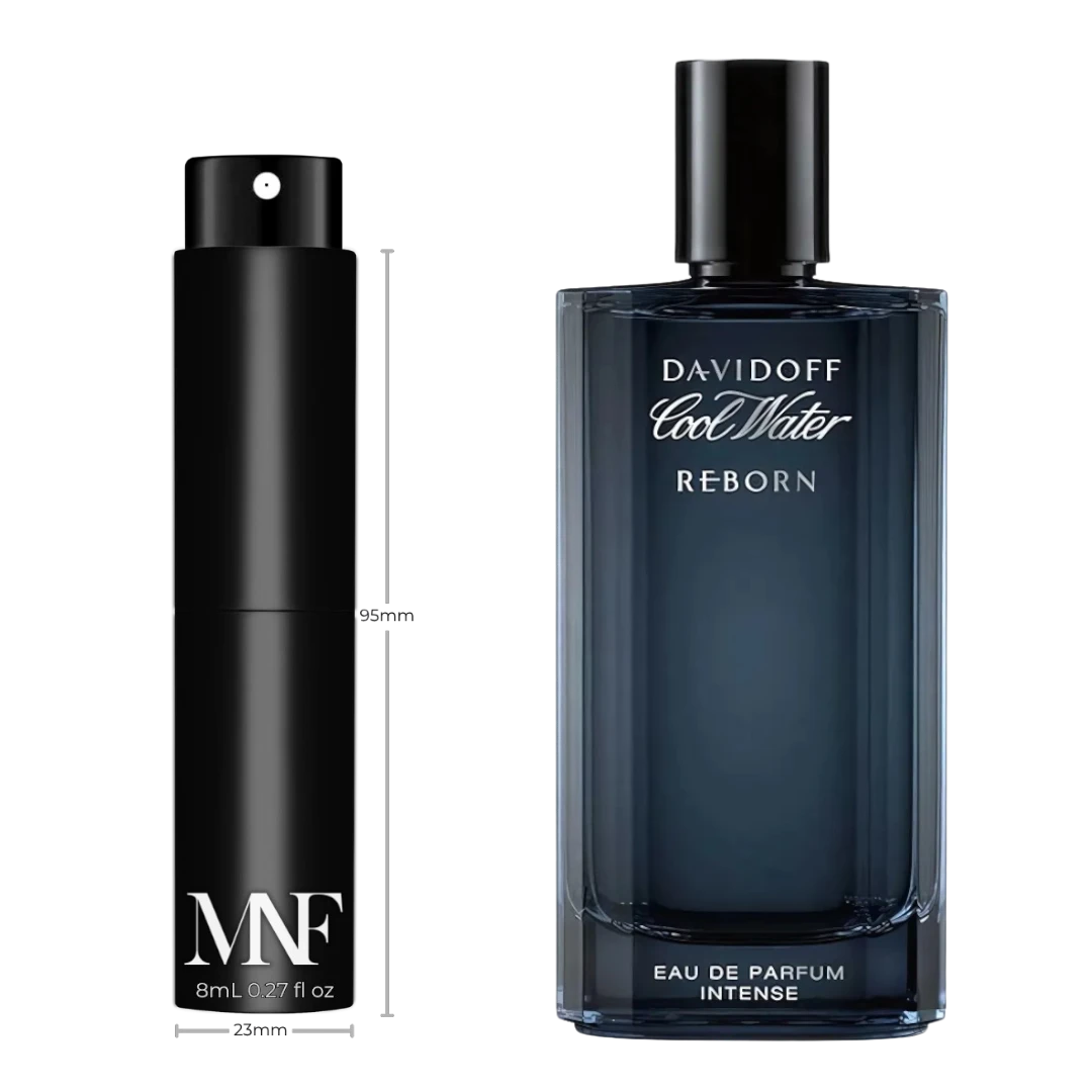 My Next Fragrance 8mL travel spray atomizer next to a Davidoff Cool Water Reborn Intense Eau de Parfum bottle.