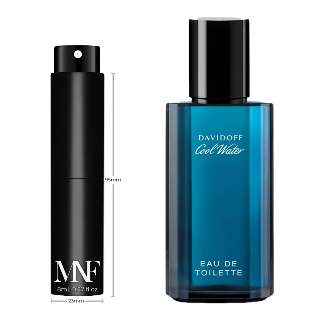 My Next Fragrance 8mL travel spray decant of Davidoff Cool Water Eau de Toilette next to the original blue bottle.