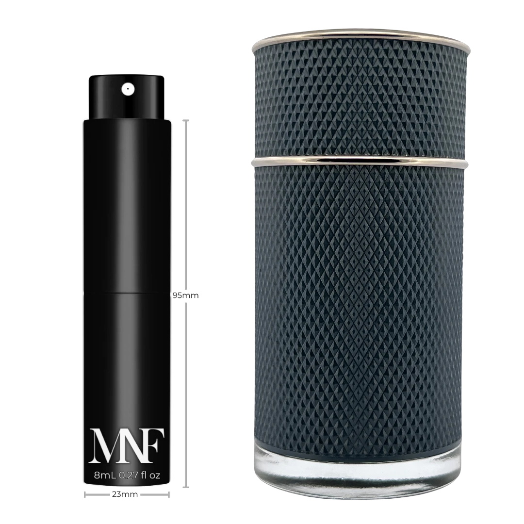 My Next Fragrance 8mL travel spray of Dunhill Icon Racing Blue eau de parfum next to the original full-size bottle.