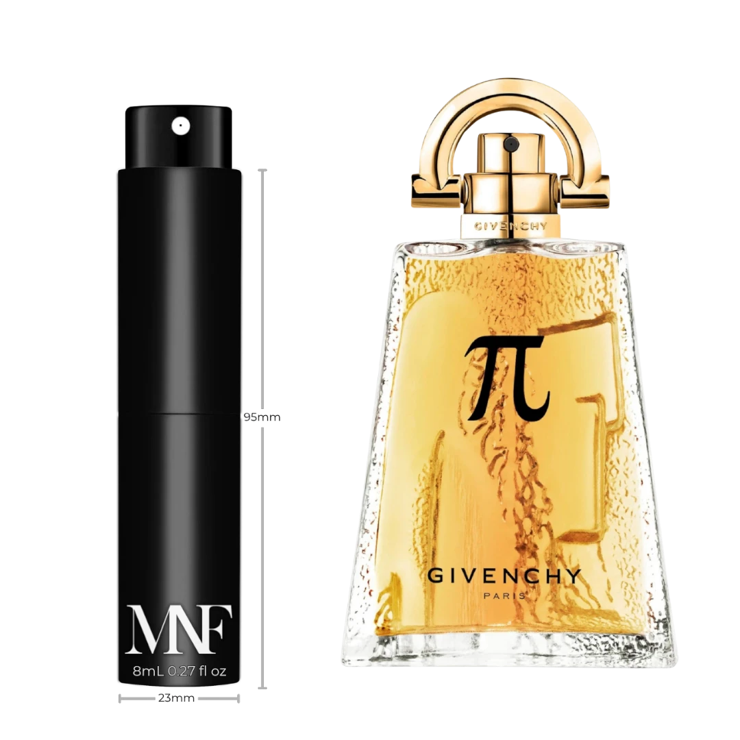 My Next Fragrance 8mL travel spray bottle next to a full-size Givenchy Pi Eau de Toilette bottle with amber liquid.