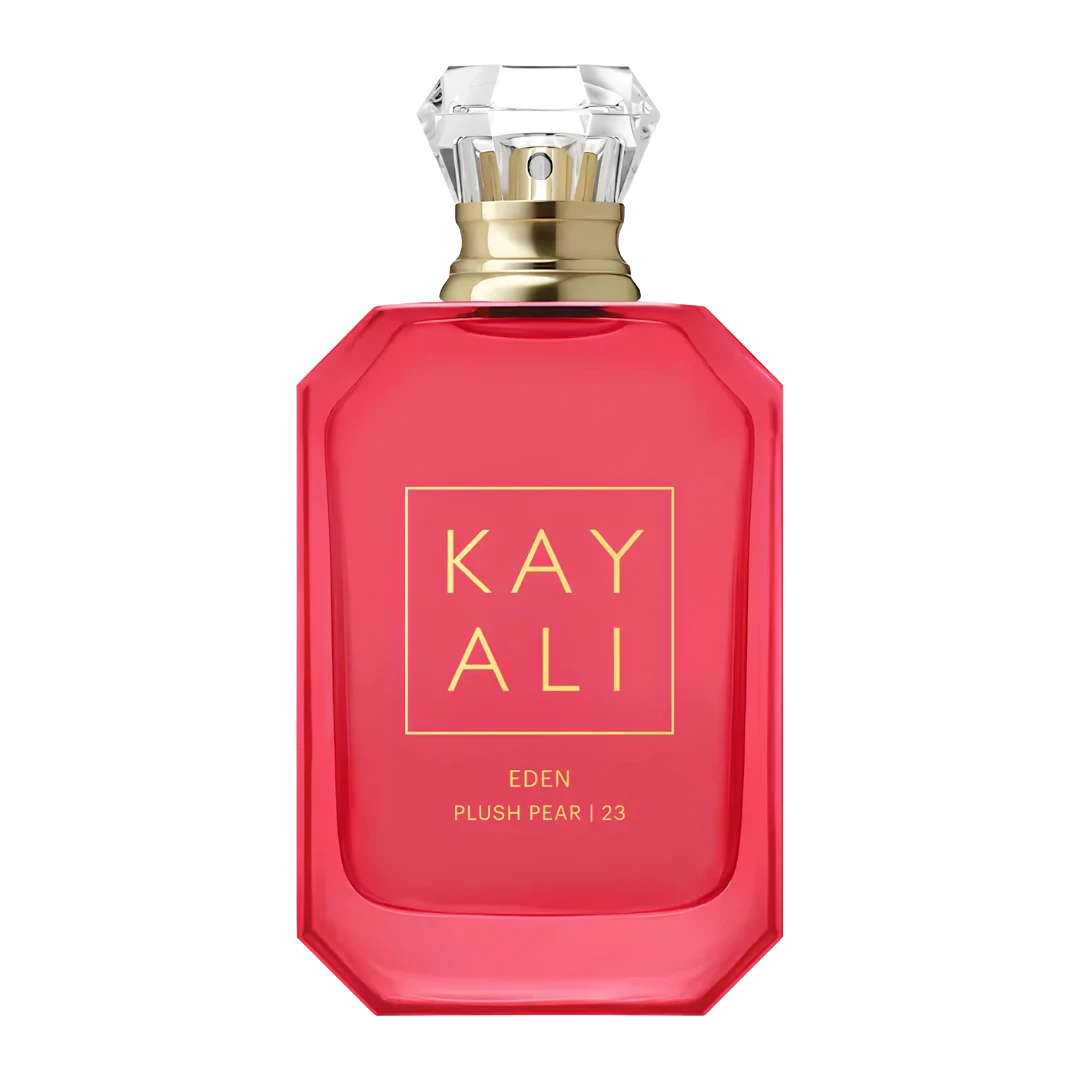 My Next Fragrance KAYALI Eden Plush Pear 23 Eau de Parfum in a vibrant pink glass bottle with a gold cap.