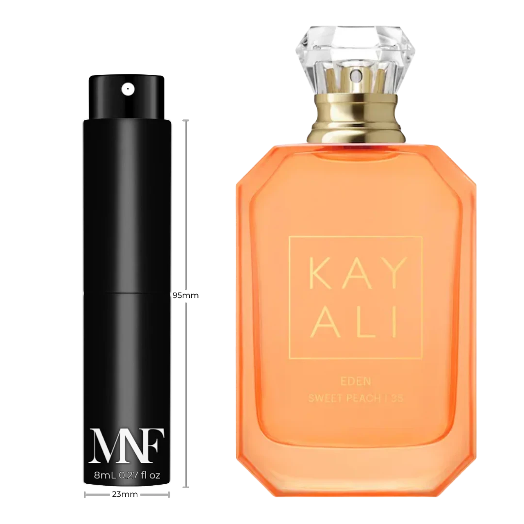 My Next Fragrance 8mL travel spray of KAYALI Eden Sweet Peach | 35 Eau de Parfum next to the full-size bottle.