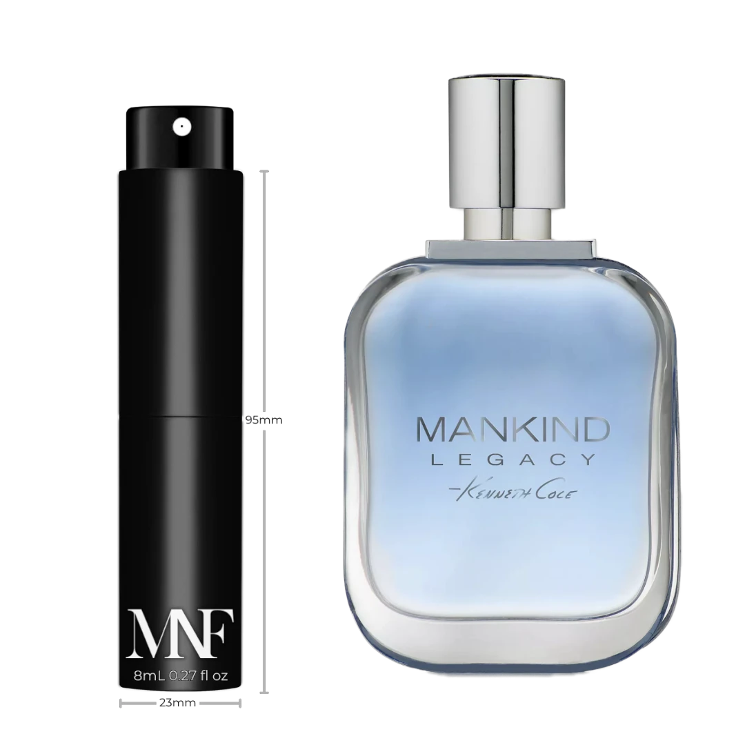 My Next Fragrance 8mL travel spray of Kenneth Cole Mankind Legacy eau de toilette next to the original perfume bottle.
