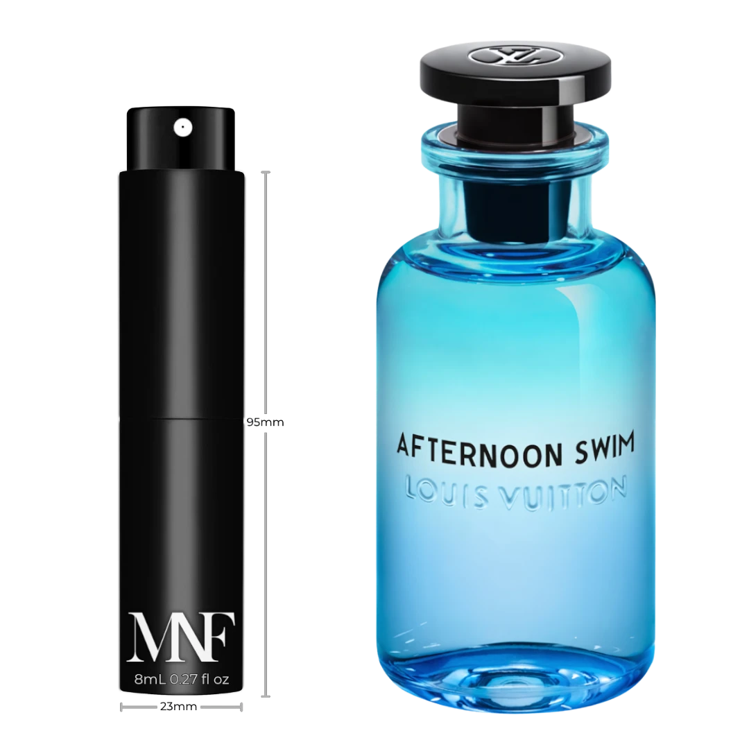 My Next Fragrance 8mL travel spray of Louis Vuitton Afternoon Swim eau de parfum next to the original blue bottle.