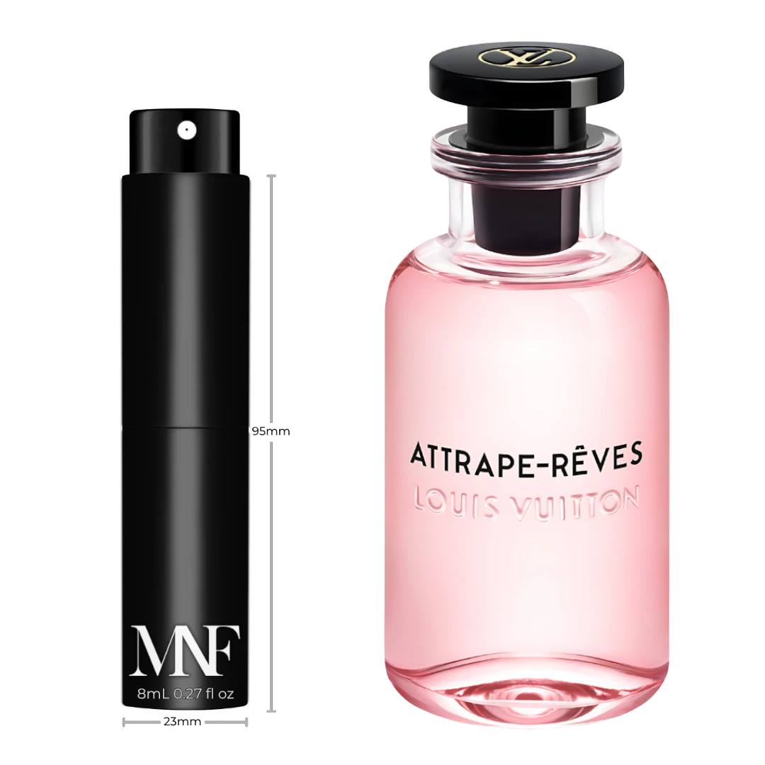 My Next Fragrance Louis Vuitton Attrape-Rêves 8mL travel spray next to a reference bottle of the floral perfume.