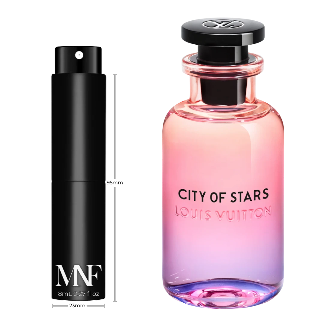 My Next Fragrance 8mL travel spray of Louis Vuitton City of Stars eau de parfum next to the original perfume bottle.