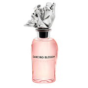 My Next Fragrance Louis Vuitton Dancing Blossom perfume bottle with a sculptural silver cap on a black background.