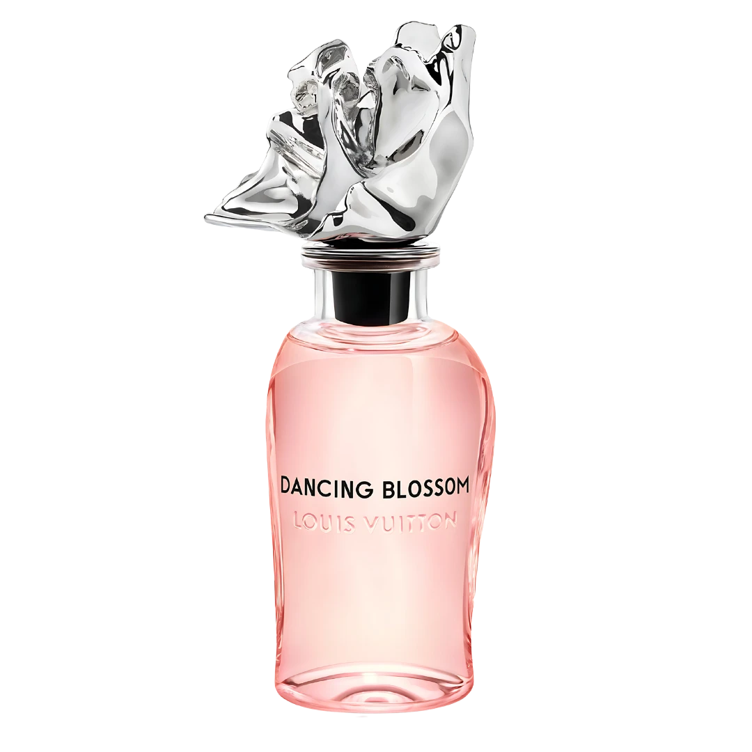 My Next Fragrance Louis Vuitton Dancing Blossom perfume bottle with a sculptural silver cap on a black background.