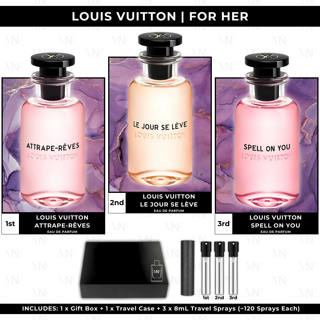 My Next Fragrance Louis Vuitton Discovery gift set for her featuring three 8mL travel spray perfumes and a travel case.
