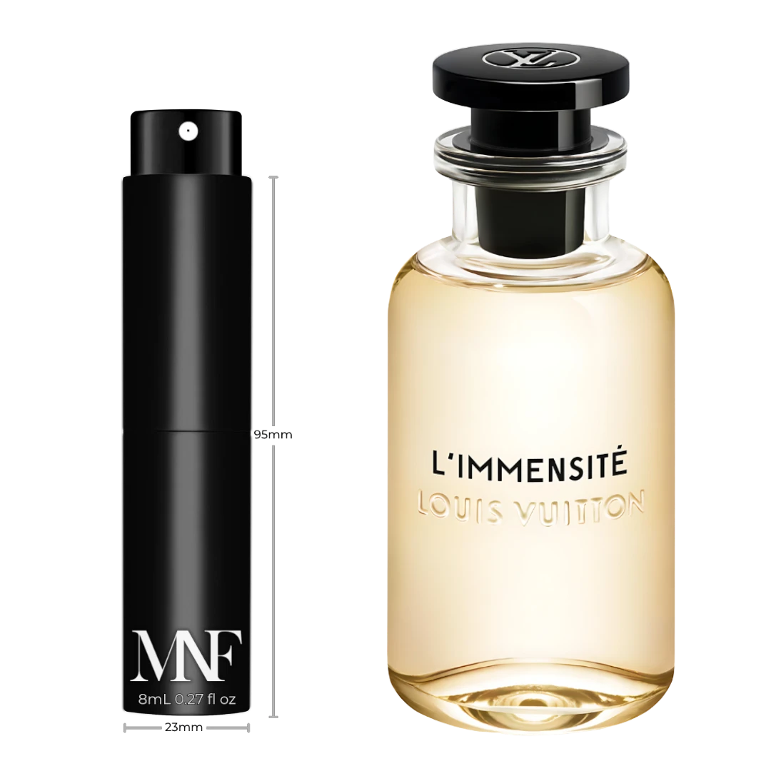 My Next Fragrance 8mL travel spray atomizer next to a full-size Louis Vuitton L'Immensité perfume bottle