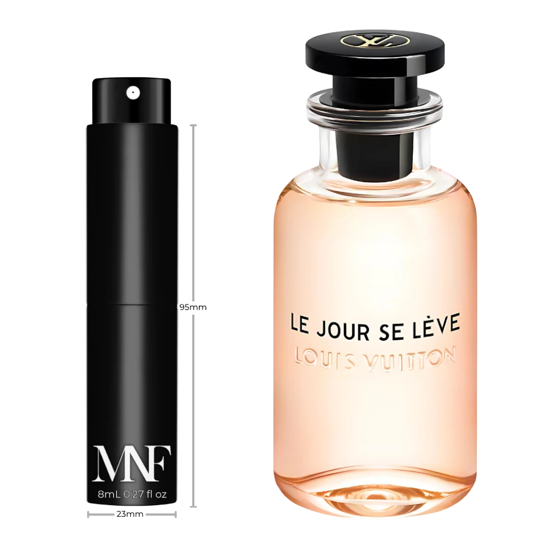 My Next Fragrance Louis Vuitton Discovery gift set featuring an 8mL travel spray atomizer and Le Jour Se Lève bottle.