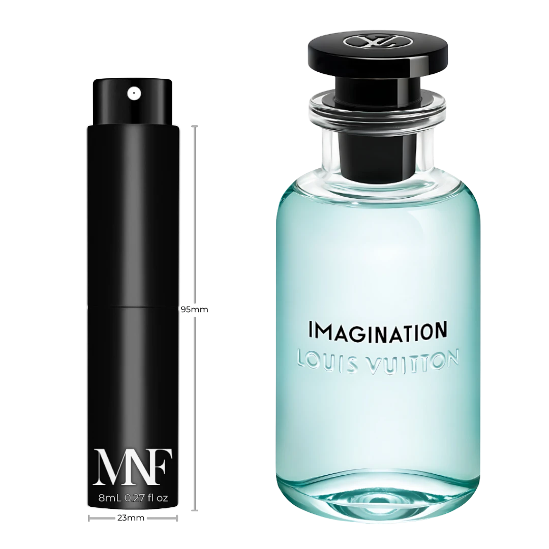 My Next Fragrance 8mL travel spray decant next to a full-size Louis Vuitton Imagination fragrance bottle.