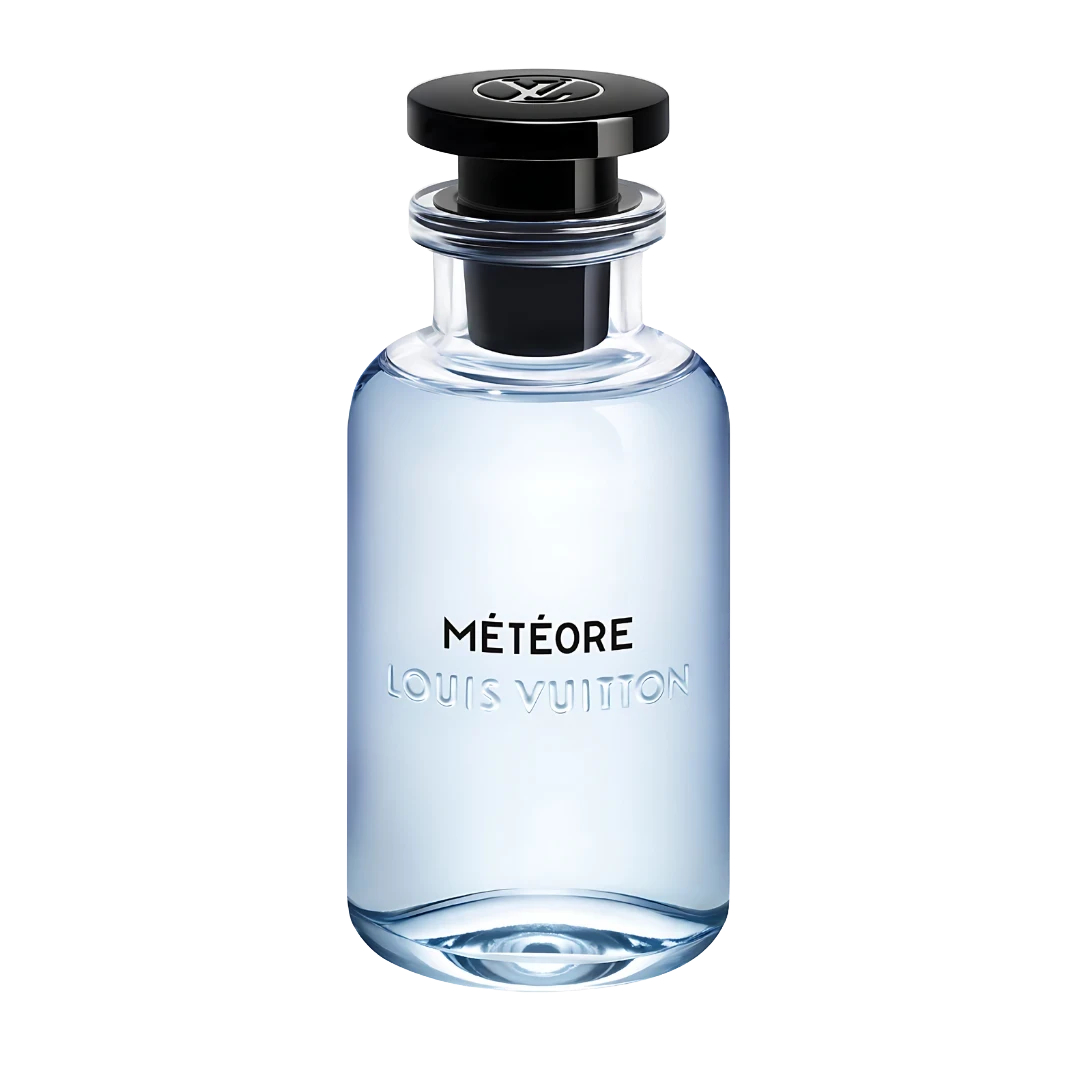 My Next Fragrance Original Full Size Bottle of Louis Vuitton Météore Eau de Parfum with a clear glass bottle and black cap. Reference only