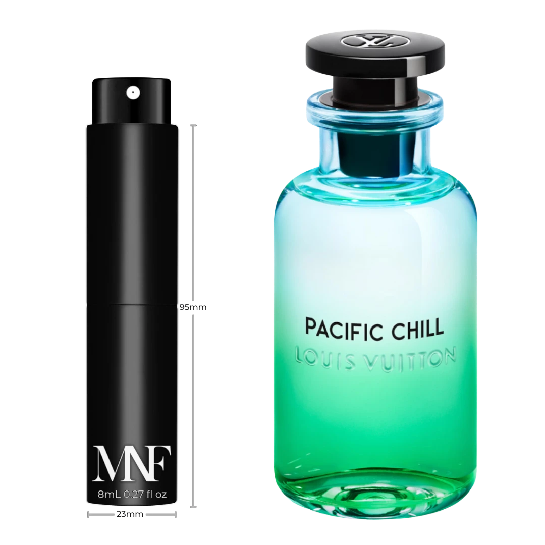 My Next Fragrance 8mL travel spray atomizer next to a Louis Vuitton Pacific Chill perfume bottle on black background.