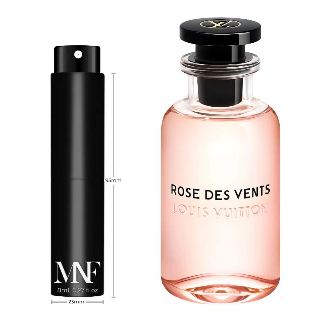 My Next Fragrance 8mL travel spray next to a Louis Vuitton Rose des Vents perfume bottle on a black background.