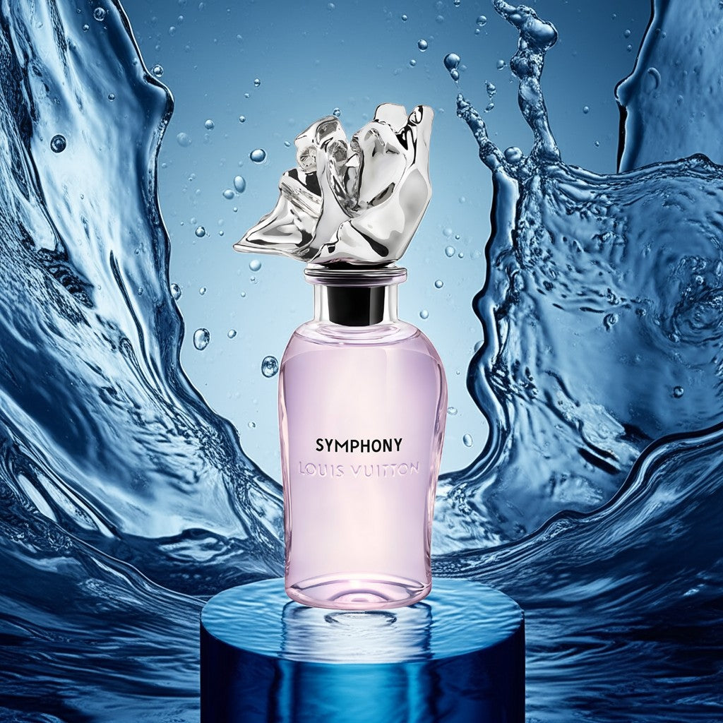 My Next Fragrance Louis Vuitton Symphony extrait de parfum travel spray bottle with a sculptural silver cap.