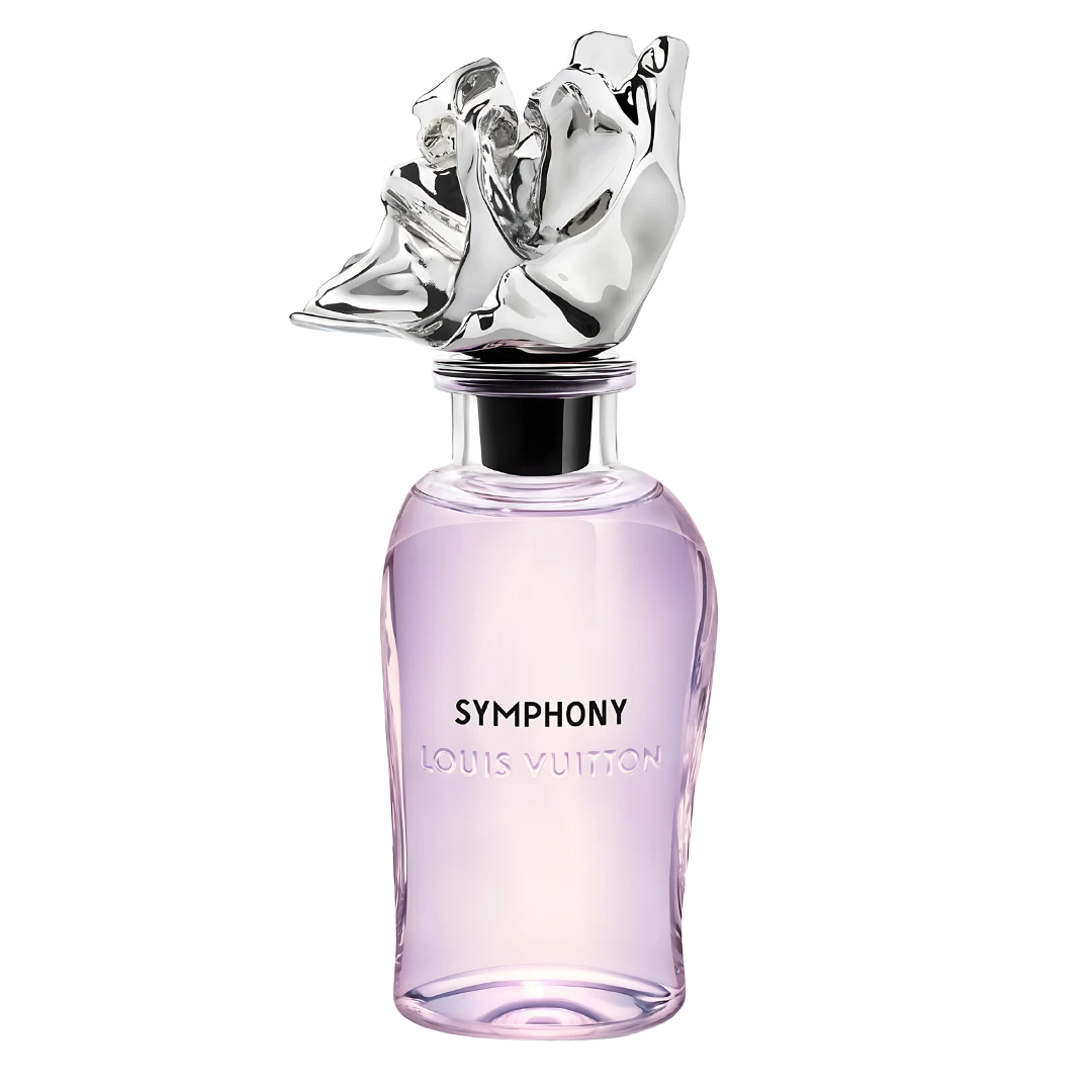 My Next Fragrance Louis Vuitton Symphony extrait de parfum bottle with a sculptural silver cap on a black background.