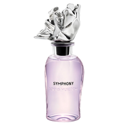 My Next Fragrance Louis Vuitton Symphony extrait de parfum bottle with a sculptural silver cap on a black background.