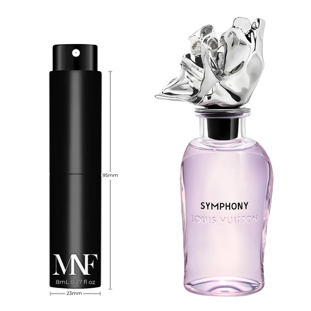 My Next Fragrance 8mL travel spray decant of Louis Vuitton Symphony Extrait de Parfum with reference bottle.