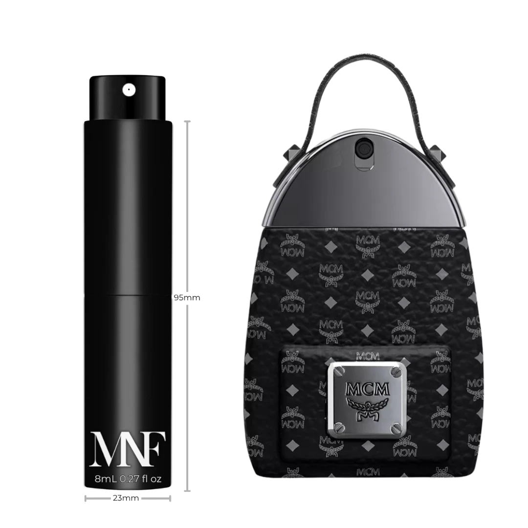 My Next Fragrance 8mL travel spray bottle next to an MCM Onyx Eau de Parfum miniature backpack bottle.