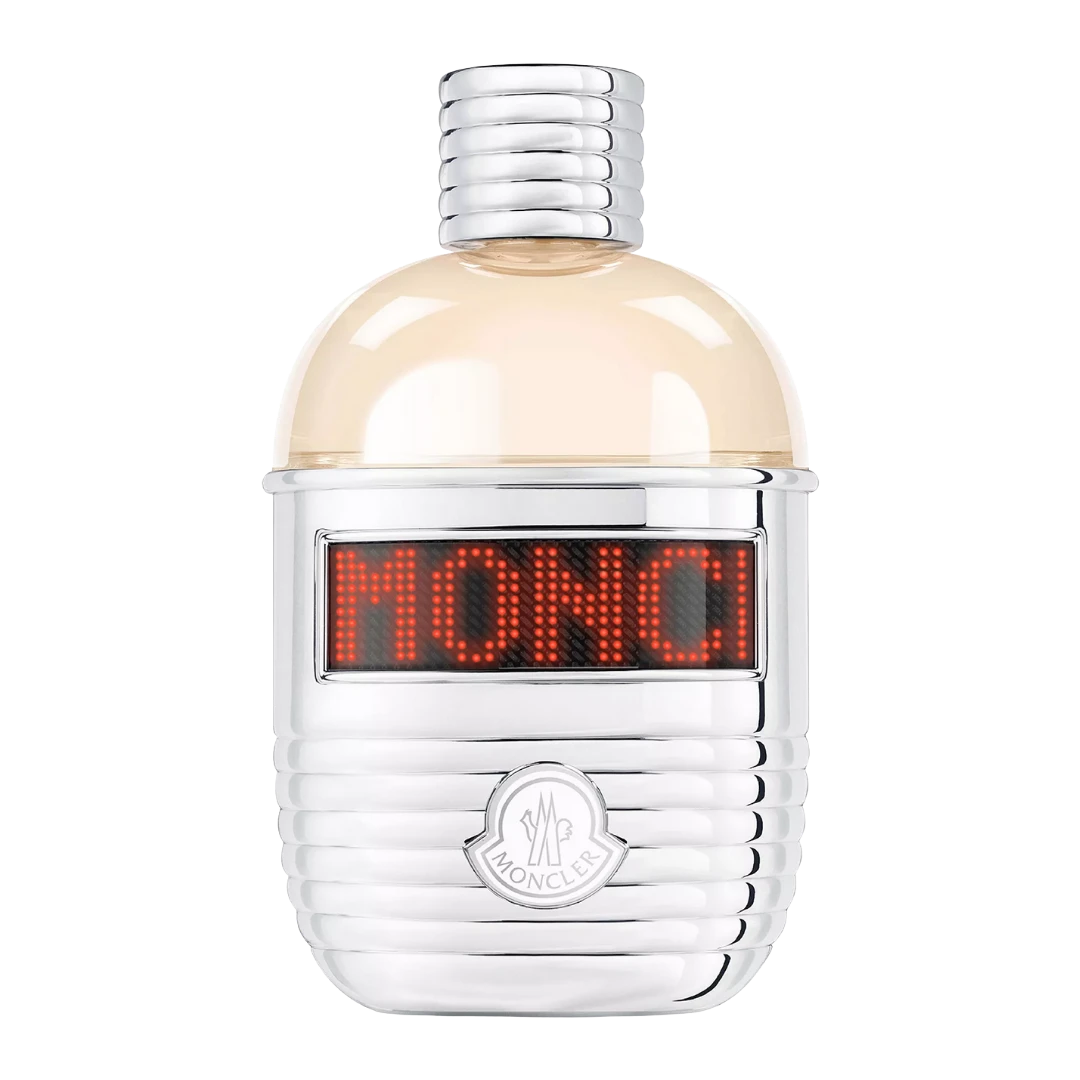 My Next Fragrance Moncler Pour Femme Eau de Parfum 8mL travel spray bottle with silver ribbed design and LED display