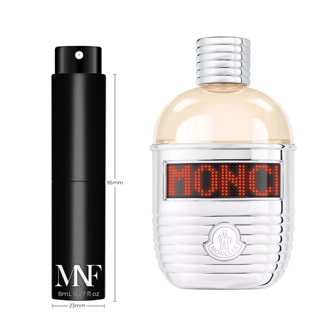 My Next Fragrance 8mL travel spray of MONCLER Pour Femme eau de parfum next to the original full-size bottle