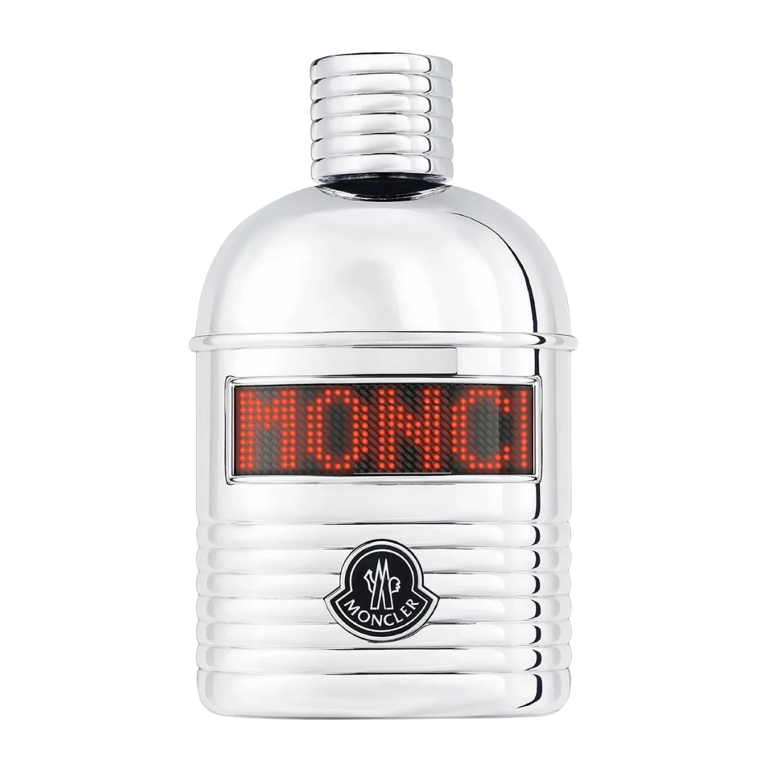 My Next Fragrance decanted Moncler Pour Homme Eau de Parfum 8mL travel spray in a metallic silver bottle with LED display