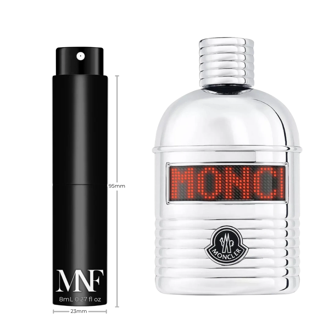 My Next Fragrance 8mL travel spray atomizer next to a Moncler Pour Homme Eau de Parfum bottle for reference