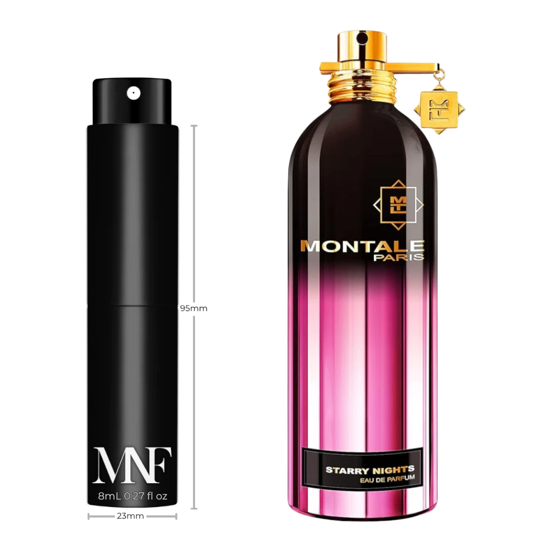 My Next Fragrance 8mL travel spray next to a Montale Starry Nights perfume bottle against a black background.